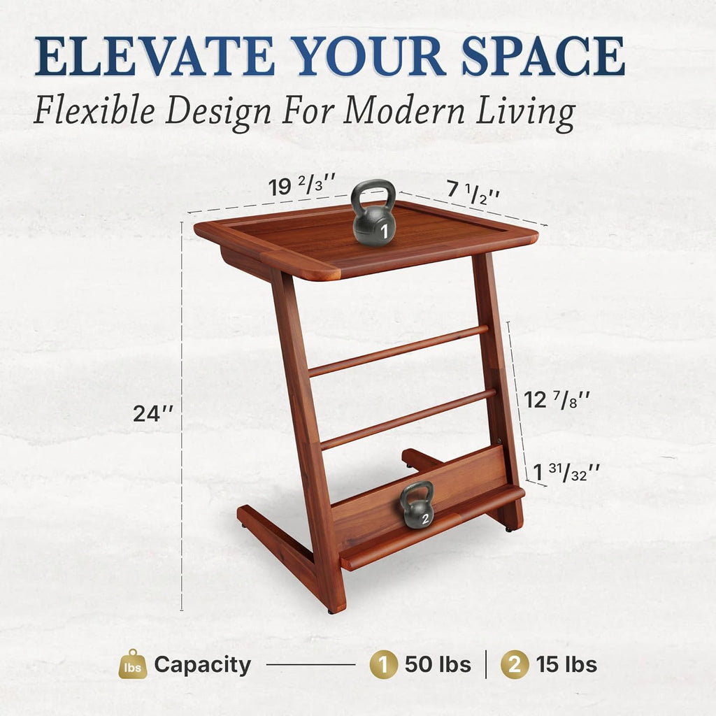 C-Shaped End Table for Couch, Acacia Wood Sofa Side Table & Nightstand with Mid-Century Modern Z Frame, L-Shaped Storage Shelf, Tool-Free Assembly for Bedroom, Living Room or Office - Dark Chocolate