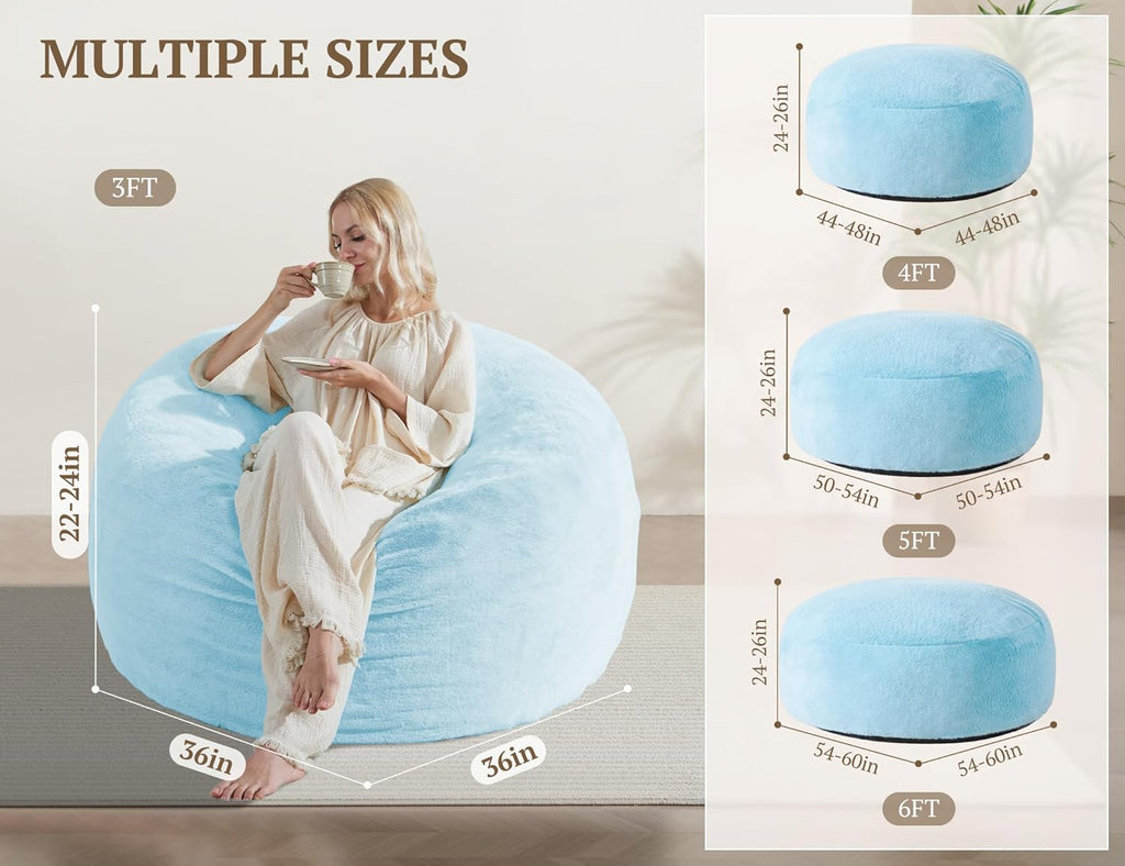 WSOFRLAC 3FT Bean Bag Chair, Comfy Bean Bag Chairs for Adults, Luxury Velvet Memory Foam Stuffed Beans Bags with Removable Cover, Adult Beanbag Chair with Filler for Living Room, Bedroom, Light Blue