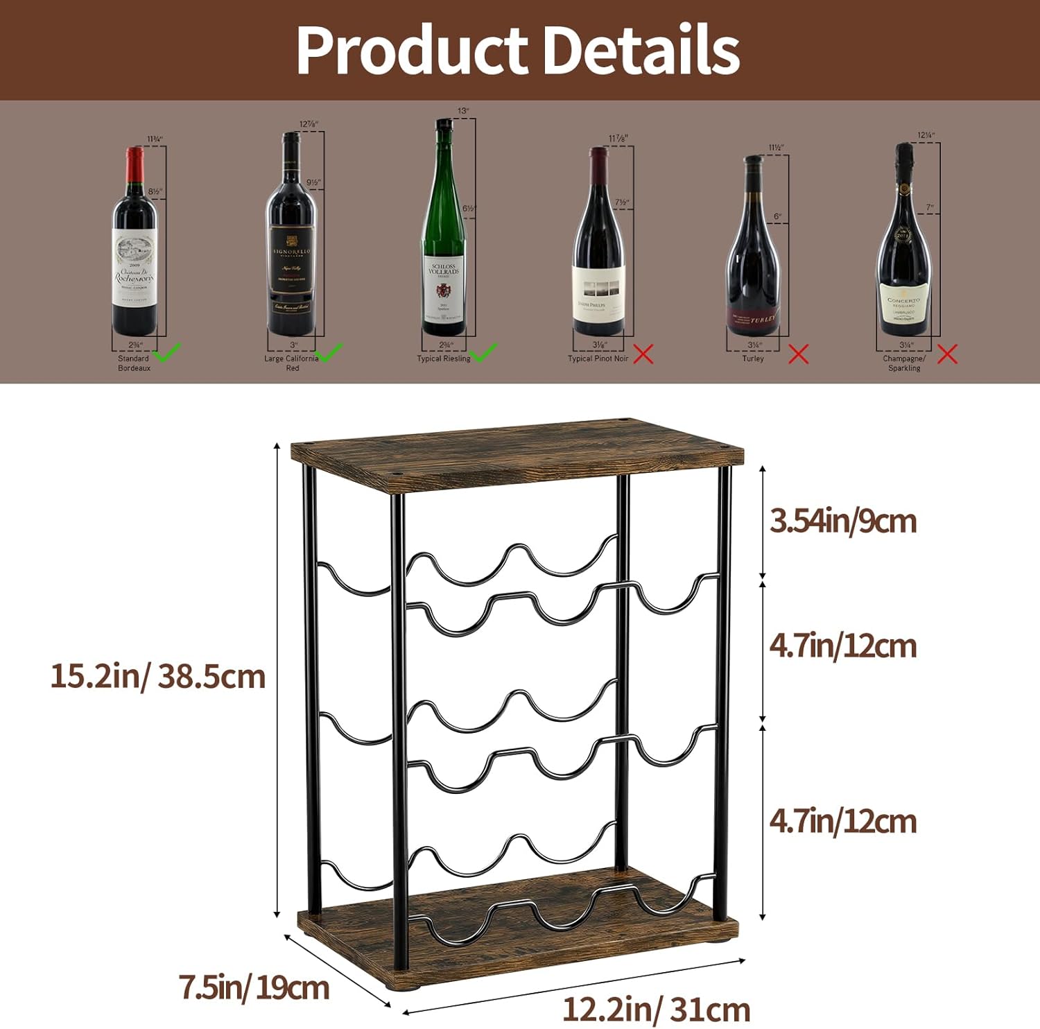 Nuovoware Wine Racks Countertop, Wine 9 Bottles Holder, Metal Wine Storage Organizer for Kitchen, Bar, Table, Cabinet, Wine Cellar, Vintage Brown