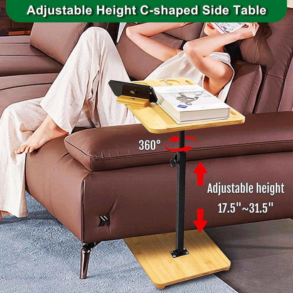 TV Tray Table 360° Swivel Sofa Couch Armrest Tray Bamboo Side Table C Shaped End Table for Small Spaces Snack Dinner Bed Eating Couch Tables That Slide Under