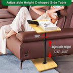 TV Tray Table 360° Swivel Sofa Couch Armrest Tray Bamboo Side Table C Shaped End Table for Small Spaces Snack Dinner Bed Eating Couch Tables That Slide Under