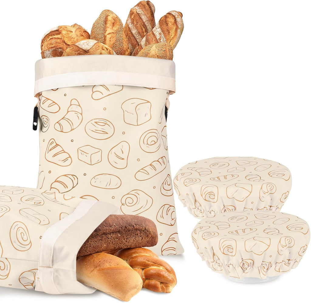 LAKE OF FIRE 16.9"x12.6" Reusable Bread Storage Bags for Homemade Bread with Reusable 2 Sourdough Proofing Covers,Food Cloth Bag Storage Box (Beige + Bread)