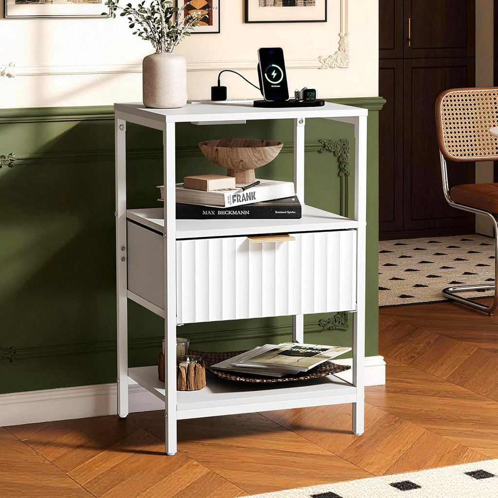 Bonnlo Fluted Nightstand Set of 2, End Table with Fabric Drawer with Charging Station, Night Stand with Storage Shelf & Handle, Fluted Side Table for Bedroom/Living Room,White