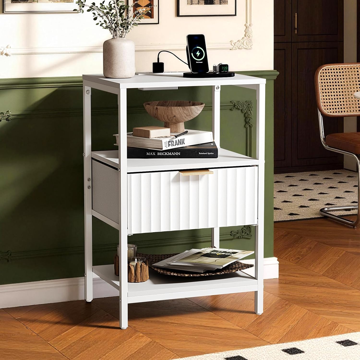 Bonnlo Fluted Nightstand with Charging Station, End Table with Fabric Drawer, Night Stand with Storage Shelf & Handle, Fluted Side Table for Bedroom/Living Room, White