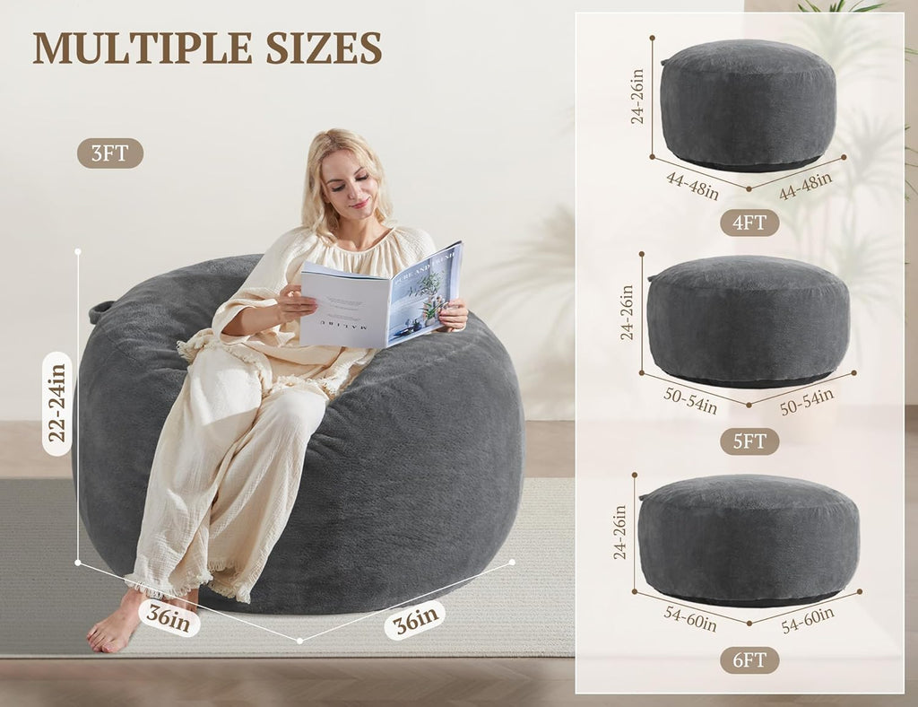WSOFRLAC 3FT Bean Bag Chair, Comfy Bean Bag Chairs for Adults, Luxury Velvet Memory Foam Stuffed Beans Bags with Removable Cover, Adult Beanbag Chair with Filler for Living Room, Bedroom, Dark Grey