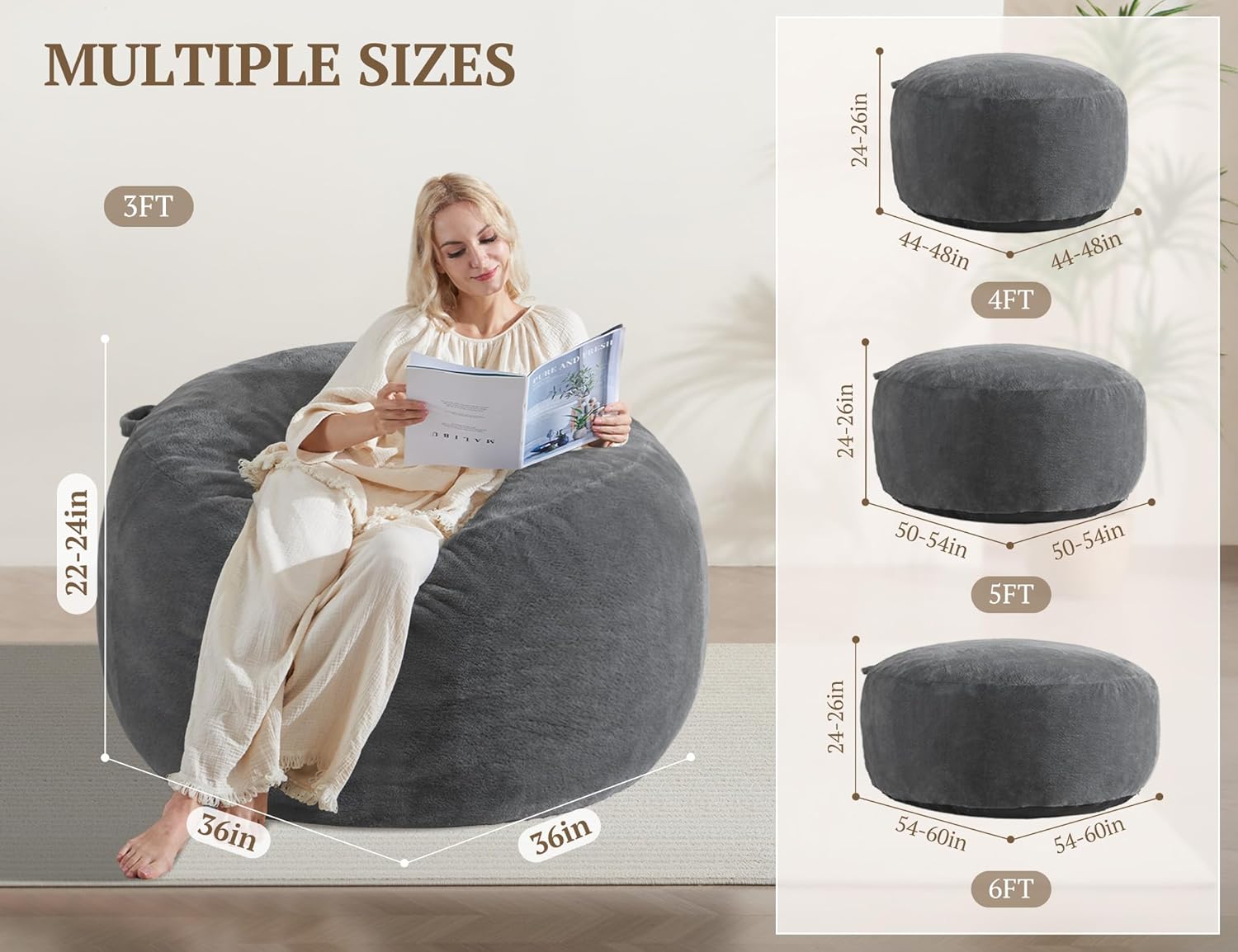 WSOFRLAC 3FT Bean Bag Chair, Comfy Bean Bag Chairs for Adults, Luxury Velvet Memory Foam Stuffed Beans Bags with Removable Cover, Adult Beanbag Chair with Filler for Living Room, Bedroom, Dark Grey