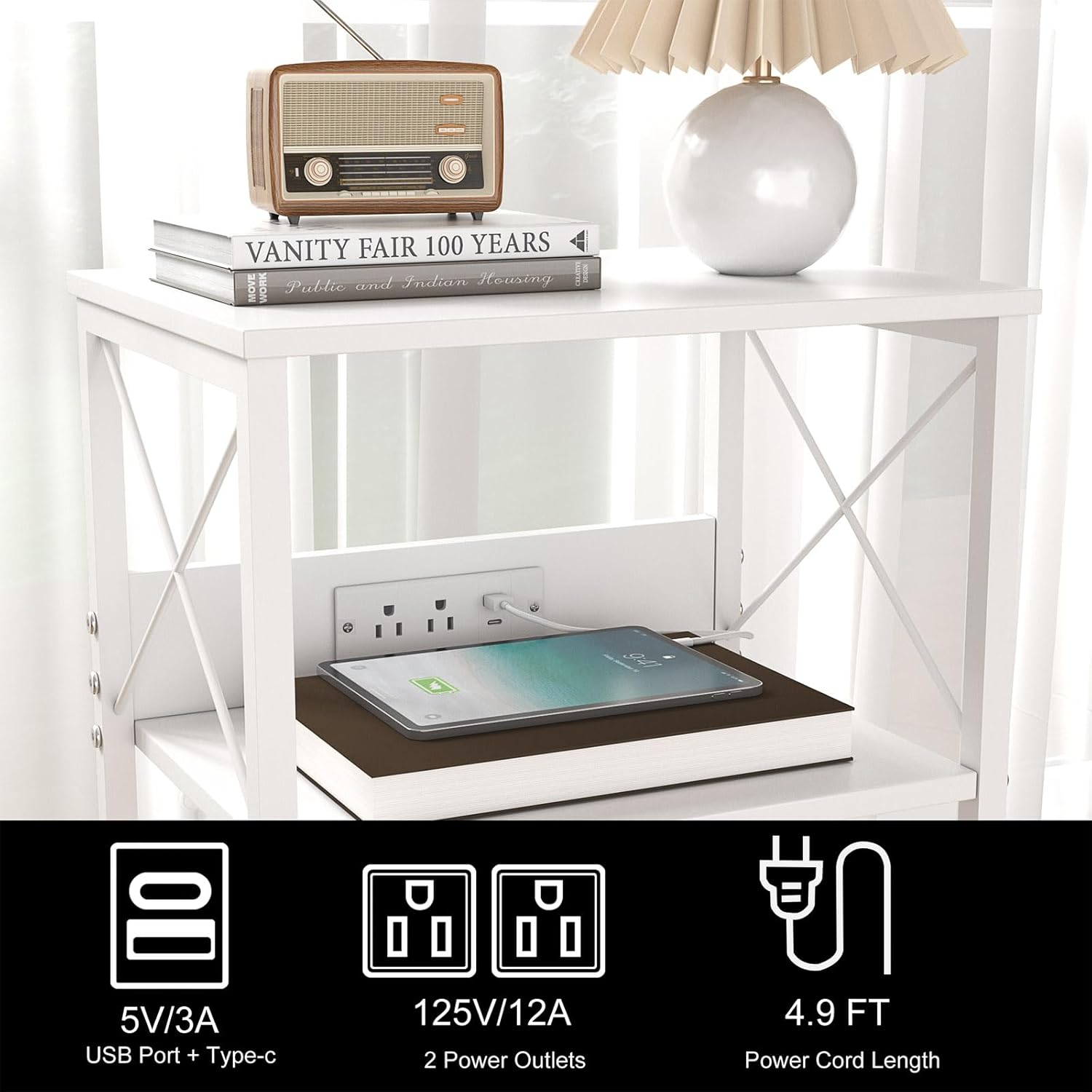 sthmec 3 Tiers End Table with Charging Station, LED Record Player Stand for Vinyl Storage, Vinyl Storage for Albums, Vinyls Shelf Record Player Table for Living Room, Bedroom White