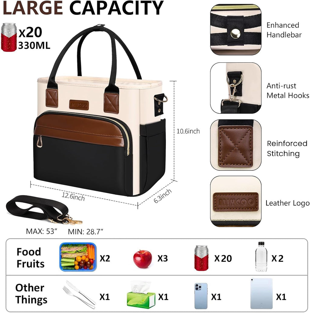 MIYCOO Lunch Bag Lunch Box Women - Leakproof Insulated Lunch Cooler Bag for Women - Large Lunch Tote Bags Adults, Black with Off White with Brown