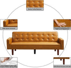 mikibama PU Futon Sofa Couch for Living Room Convertible Faux Leather Upholstered Futon Sleeper Sofa Bed Channel Tufted Bedroom Futons with Solid Wood Legs for Small Spaces