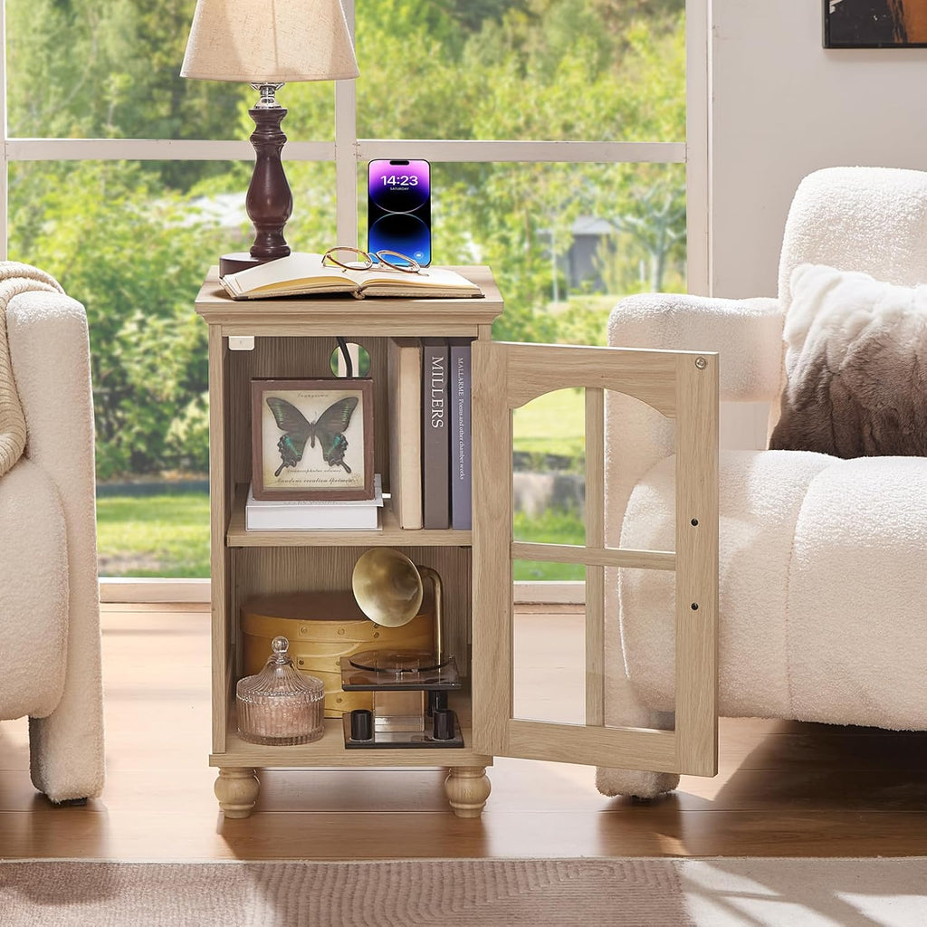 RWYHG Narrow Side Table, Farmhouse Nightstand with Charging Station | End Tables with Glass Barn Door, Cabinet Organizer with Adjustable Shelf, Night Stand for Small Spaces Living Room Bedroom