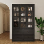 AGOTENI 47.2" W Pantry Cabinet with Glass Doors & 4 Drawers, Wooden Freestanding Kitchen Storage Cabinet with Adjustable Shelves & Vintage Handles for Dining Room Living Room, Black