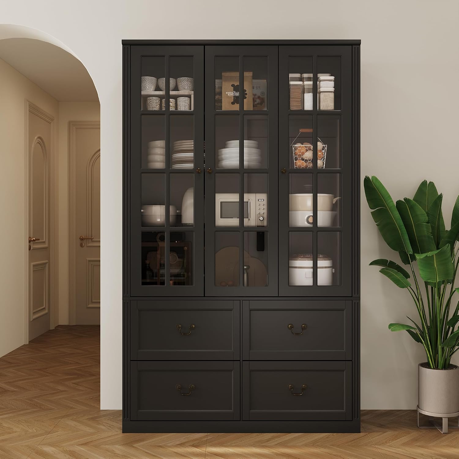 AGOTENI 47.2" W Pantry Cabinet with Glass Doors & 4 Drawers, Wooden Freestanding Kitchen Storage Cabinet with Adjustable Shelves & Vintage Handles for Dining Room Living Room, Black