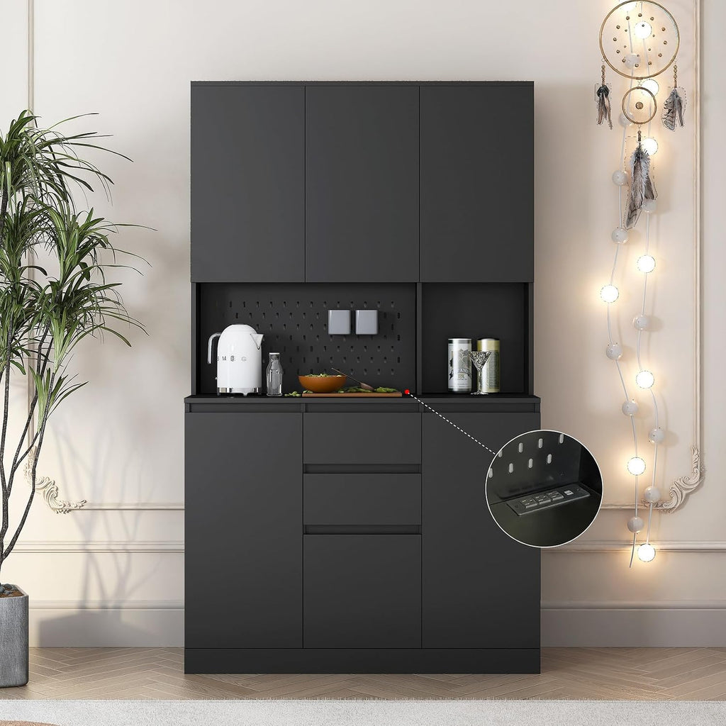 74" Kitchen Pantry Cabinet with Microwave Stand Tall Pantry Storage Cupboard with 6 Doors,3 Shelves and 2 Drawer Modern Kitchen Hutch with Countertop, Black A