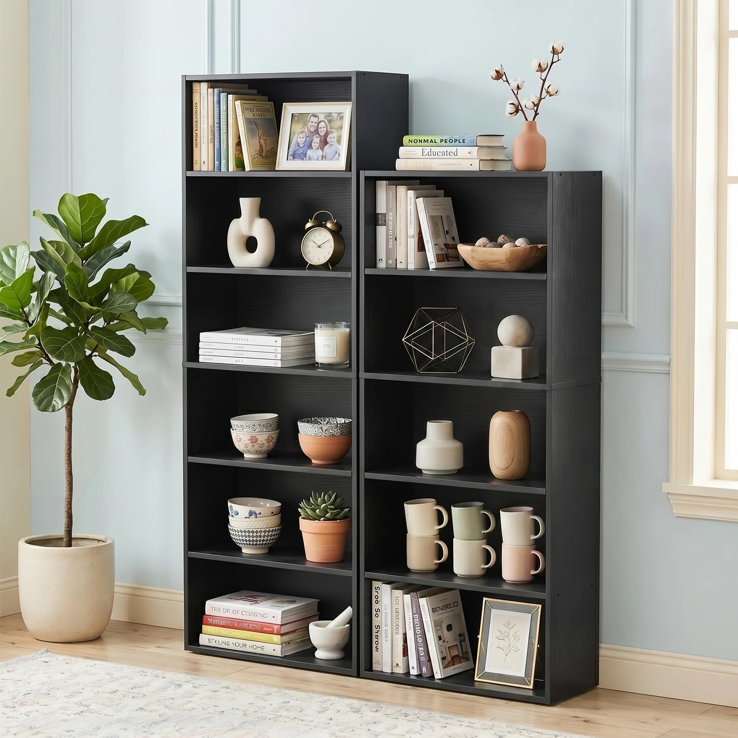 6 Tier Bookshelf, 63" Tall Open Display Bookcase with Reinforced Back & Anti-Tip Kit, Heavy Duty Wood Book Shelves for Home Office, Living Room & Bedroom, Black