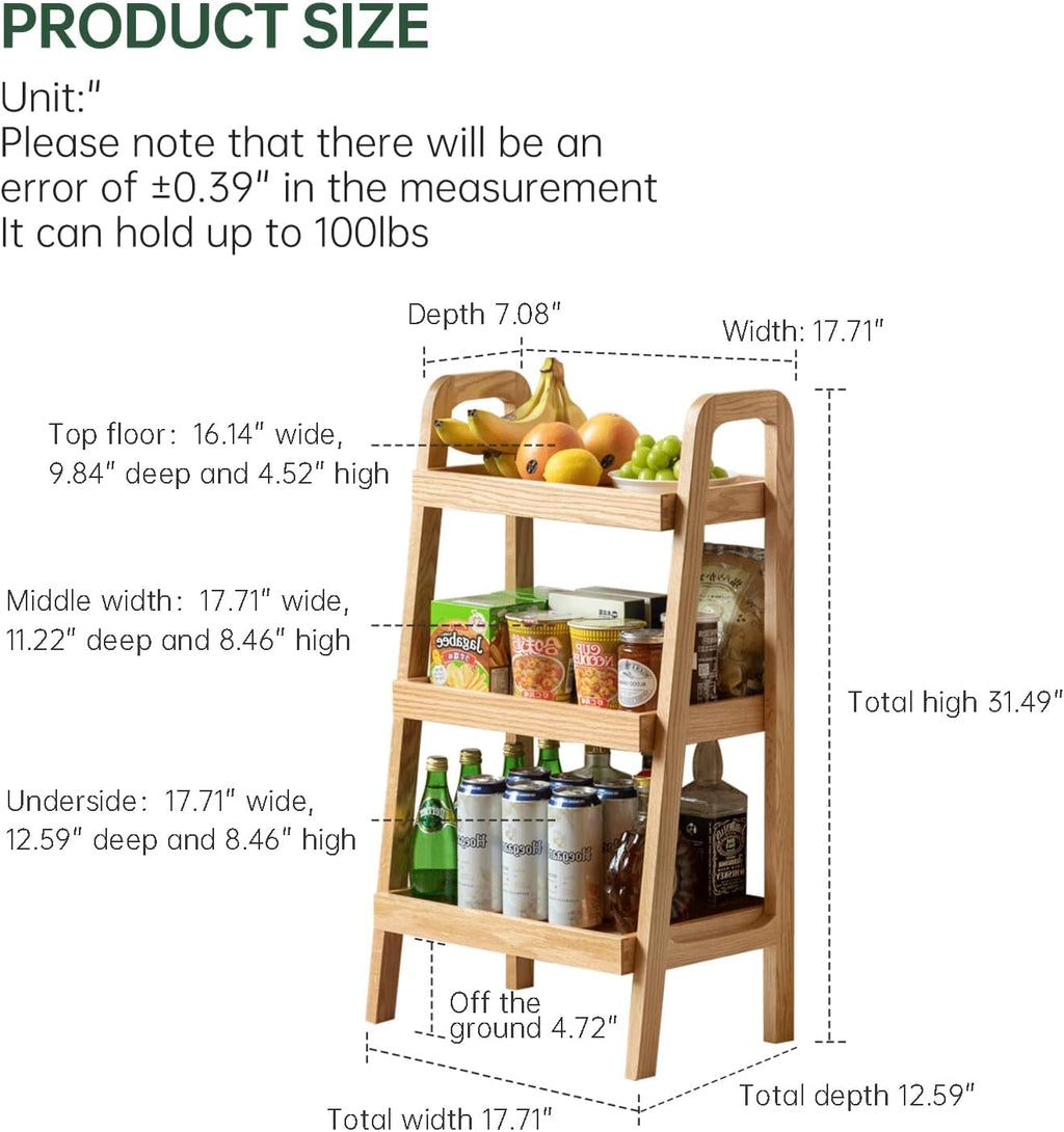 100% Solid Wood 3-Tier Ladder Shelf, Small Bookcase, Storage End Table, Open Display Stand for Living Room, Bedroom, Kitchen, Bathroom (Original Wood Color)