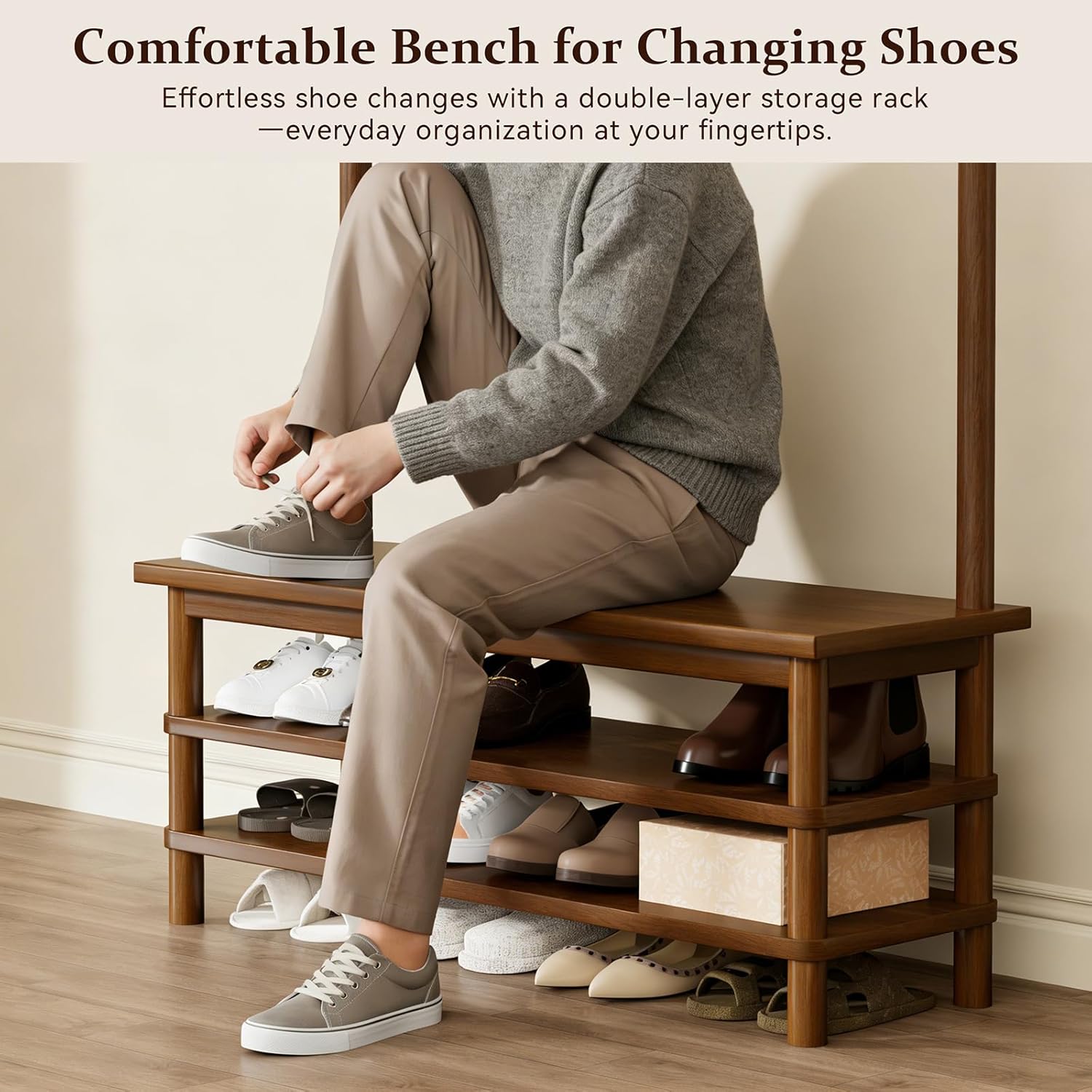 Hall Tree with Shoe Storage Bench, 3-in-1 Entryway Coat Rack with Bench, 11 Hooks, Freestanding Wooden Entryway Organizer for Mudroom, 35" Long