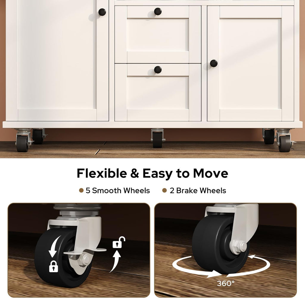 knoworld Rolling Kitchen Island with Storage Cabinet, 41.3'' Width Kitchen Cart with Desktop Drop Leaf Countertop, Portable Mobile Island with Towel Rack, Spice Rack Shelf, White