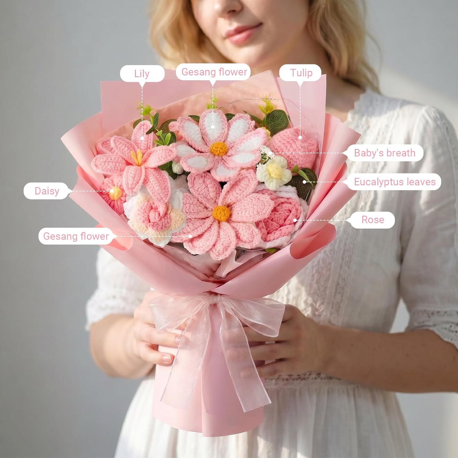 Crochet Flower Bouquet, Pink Handmade Knitted Flowers with Lights & Vase, Crochet Tulips Galsang Liliy Rose Daisy Flower for Mothers Day Graduation Wedding Lover Teacher Anniversary Birthday Gifts