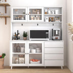74.8" Tall Kitchen Pantry Storage Cabinet, Modern Food Pantry Cabinet with Microwave Stand Wooden Kitchen Hutch Cabinet with 4 Doors, 4 Drawers and 3 Hooks for Dining Room, White