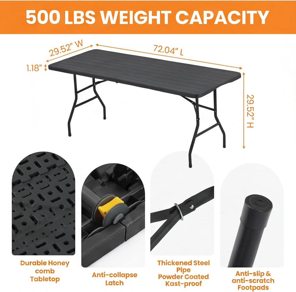 SEALAMB 6 Feet Foldable Table with Built in Handle & Steel Legs,6FT Heavy Duty Folding Portable,Perfect for Party, Dining, Wedding, Events, Picnic Indoor, Outdoor, Camping, Utility, Folding - 6 Ft