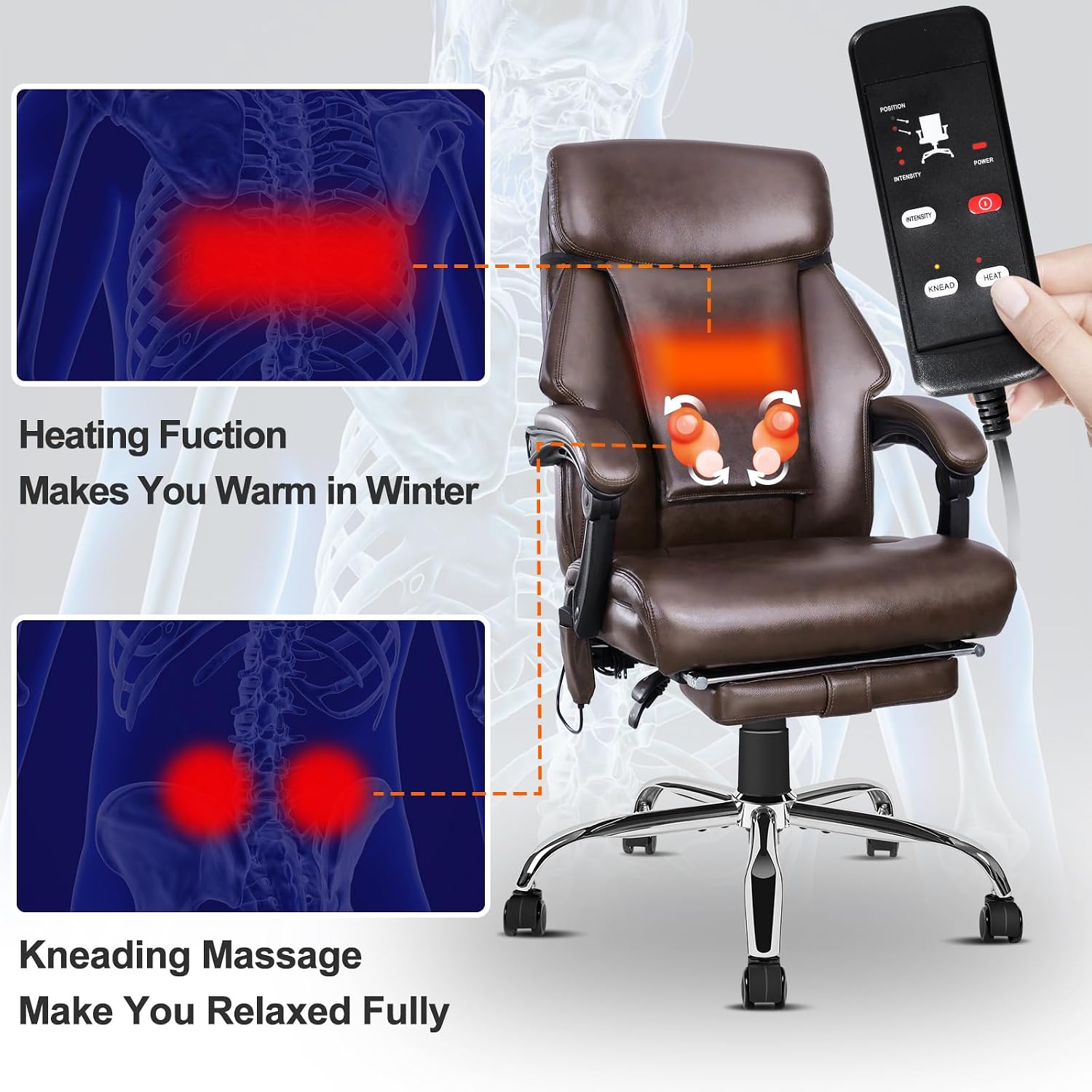Kneading Massage Executive Office Chair, 3D Back Massage Heated Office Desk Chair with Reclining Backrest, Footrest & Height Adjustment