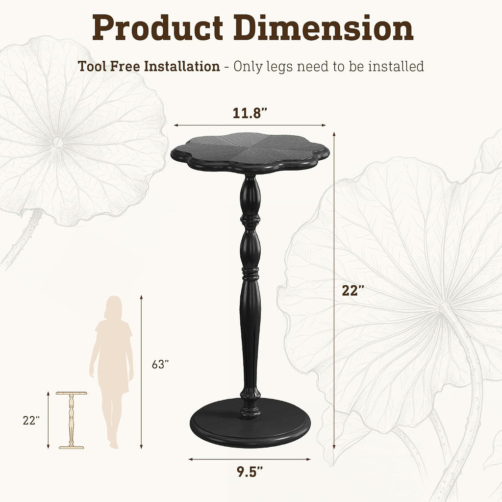 STO'SENSE Black Round Side Table,Drink Table for Small Spaces,Mid-Century Modern Accent Nightstand w/Solid Wood Leg,Sofa Pedestal Table w/Classic Sculpted Design for Living Room,Tool-Free Assembly