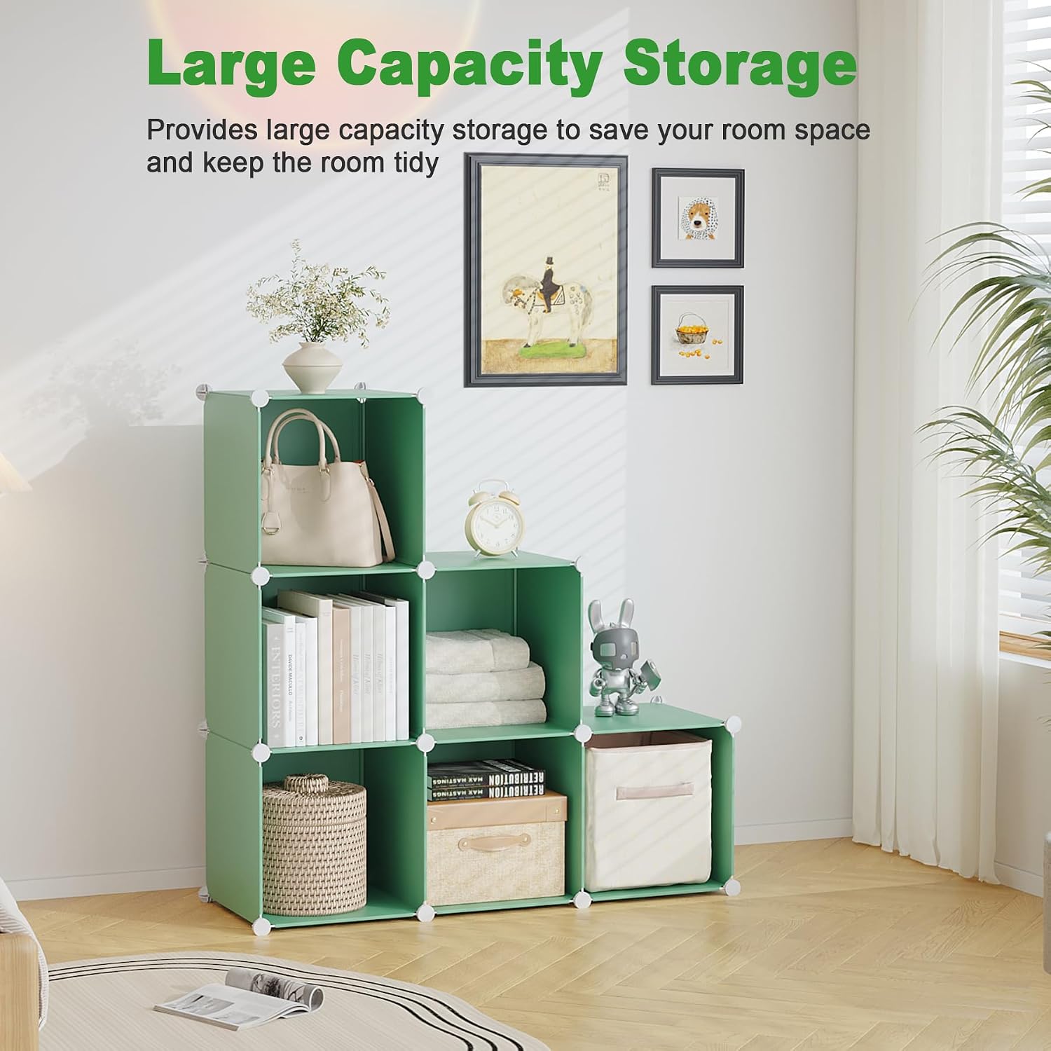 C&AHOME 6-Cube Storage Organizer, Stackable Storage Cubes Shelves, Portable Bookshelf, Plastic Clothing Storage Closet Organizer, DIY Modular Shelving Units for Wardrobe, Home, Green