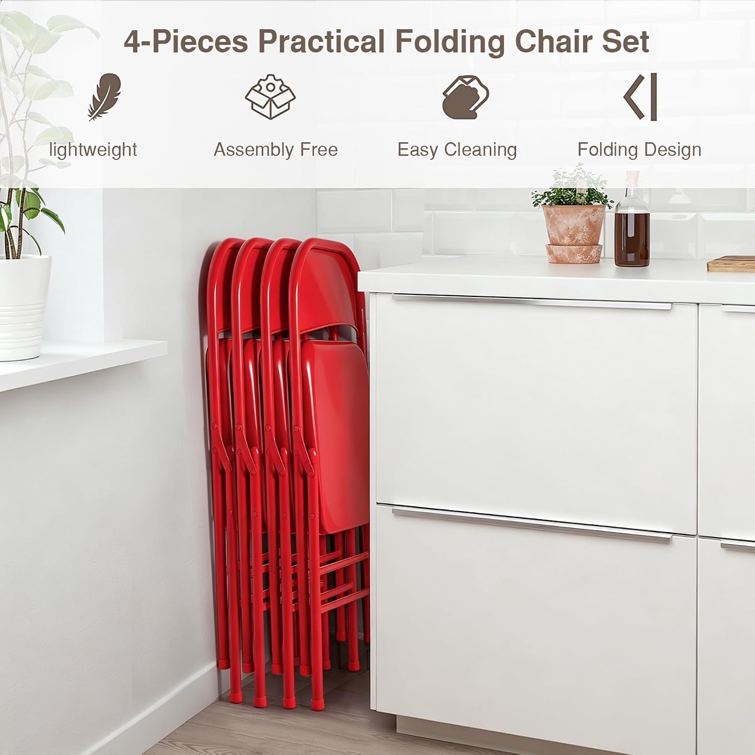 VECELO All-Steel Folding Chair Set of 4, Heavy Duty Metal Foldable Chairs, Double Hinged, Stackable Commercial Seating for Indoor Outdoor Events, Wedding, Party, Patio, Office