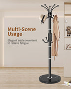 Snaikor Metal Coat Rack Stand with Natural Marble Base, Modern Coat Rack Freestanding, 360°Rotary Coat Racks with 14 Hooks, Black Coat Stand Hall Tree Hanger Stand for Entryway, Office，Corner
