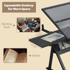 Black Drafting Table Desk w/Stool, Painting Table Art Craft Desk Crafting Table with Tilting Tempered Glass Top, 2 Storage Drawers, Height Adjustable