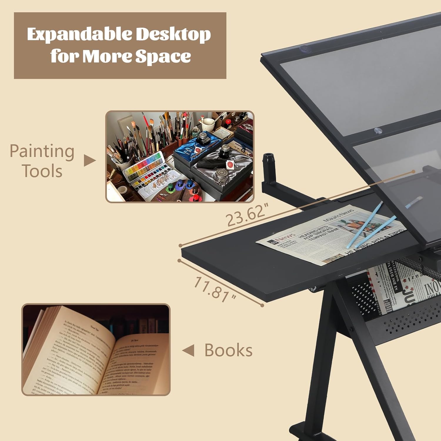 Black Drafting Table Desk w/Stool, Painting Table Art Craft Desk Crafting Table with Tilting Tempered Glass Top, 2 Storage Drawers, Height Adjustable