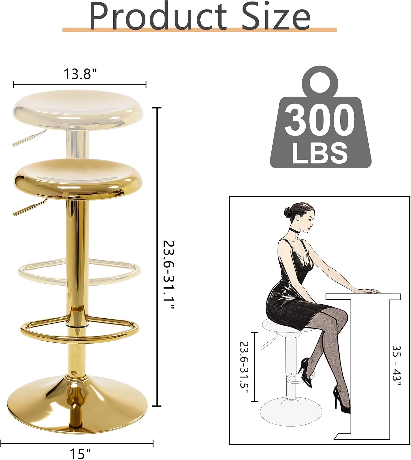 CAROLMADE Bar Stools Set of 2, Adjustable Metal Bar stools Swivel Counter Height Stool, Backless Barstools for Kitchen Island Pub, Gold