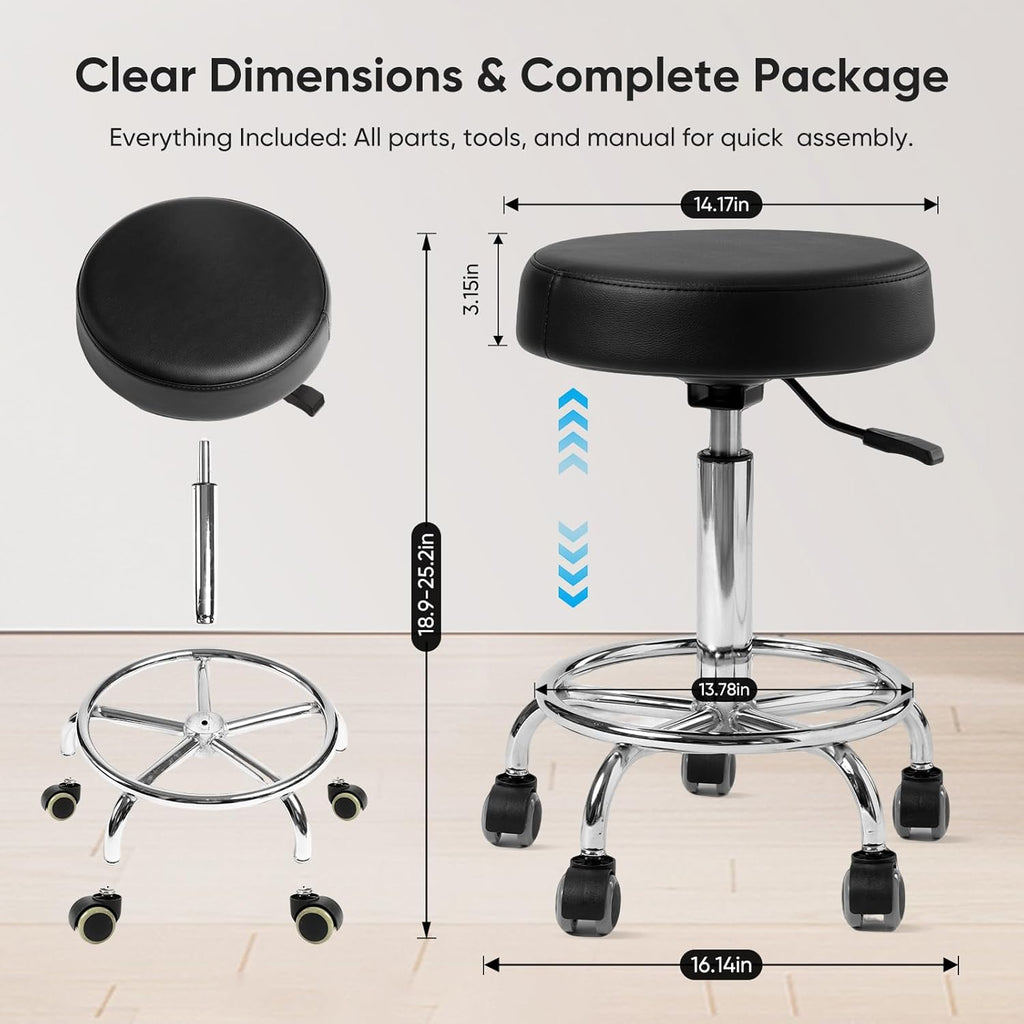 Adjustable Rolling Stool with Wheels & Footrest, 485lb Capacity Drafting Stool Chair, Swivel Salon Spa Tattoo Medical Office Chair, Black
