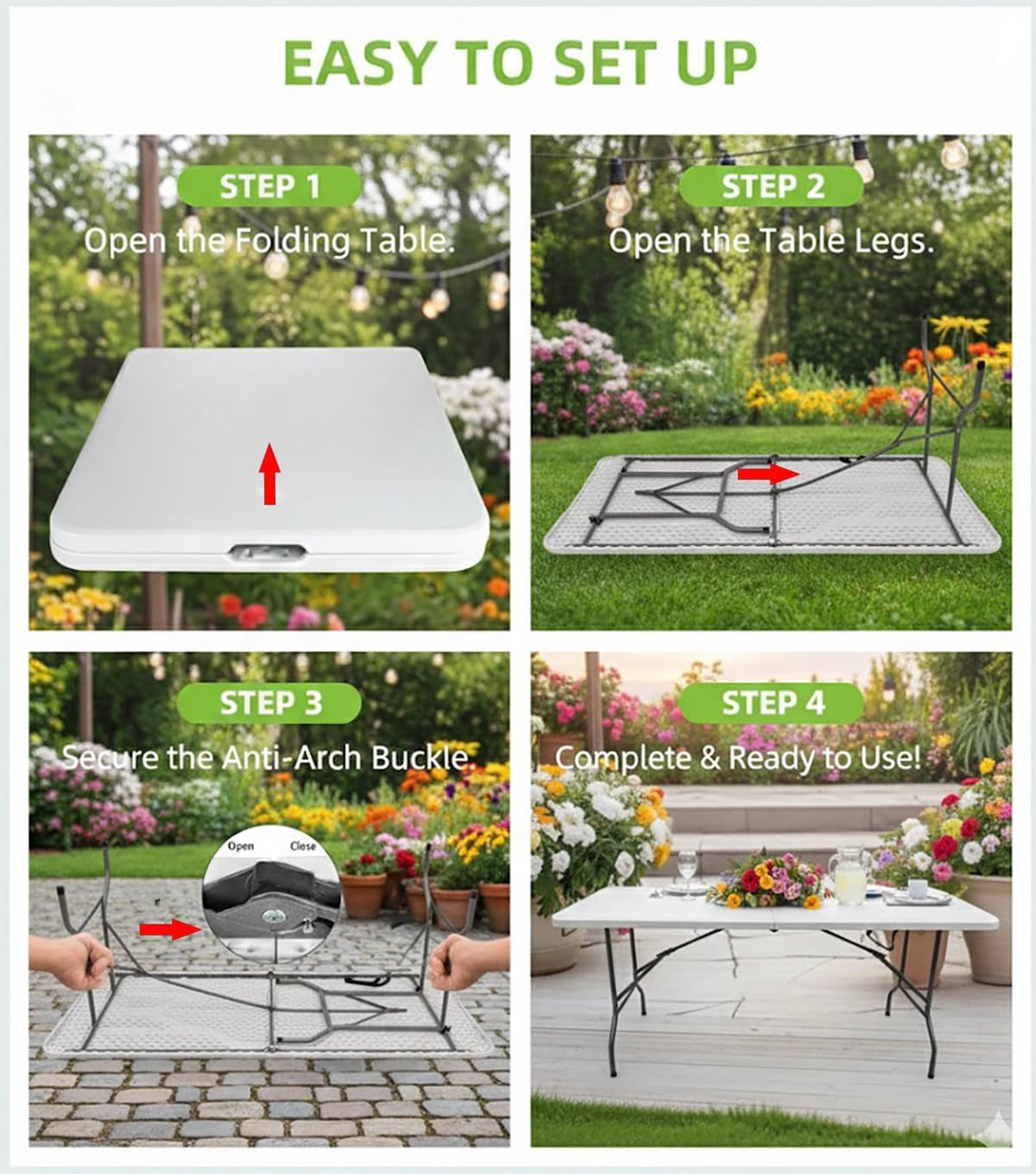 6ft Table Large Folding Table White Folding Table with Portable Carrying Handle 6ft Heavy Plastic Foldable Table for Party, Wedding, Events, Dining, Camping, Picnic Indoor, Outdoor, Utility
