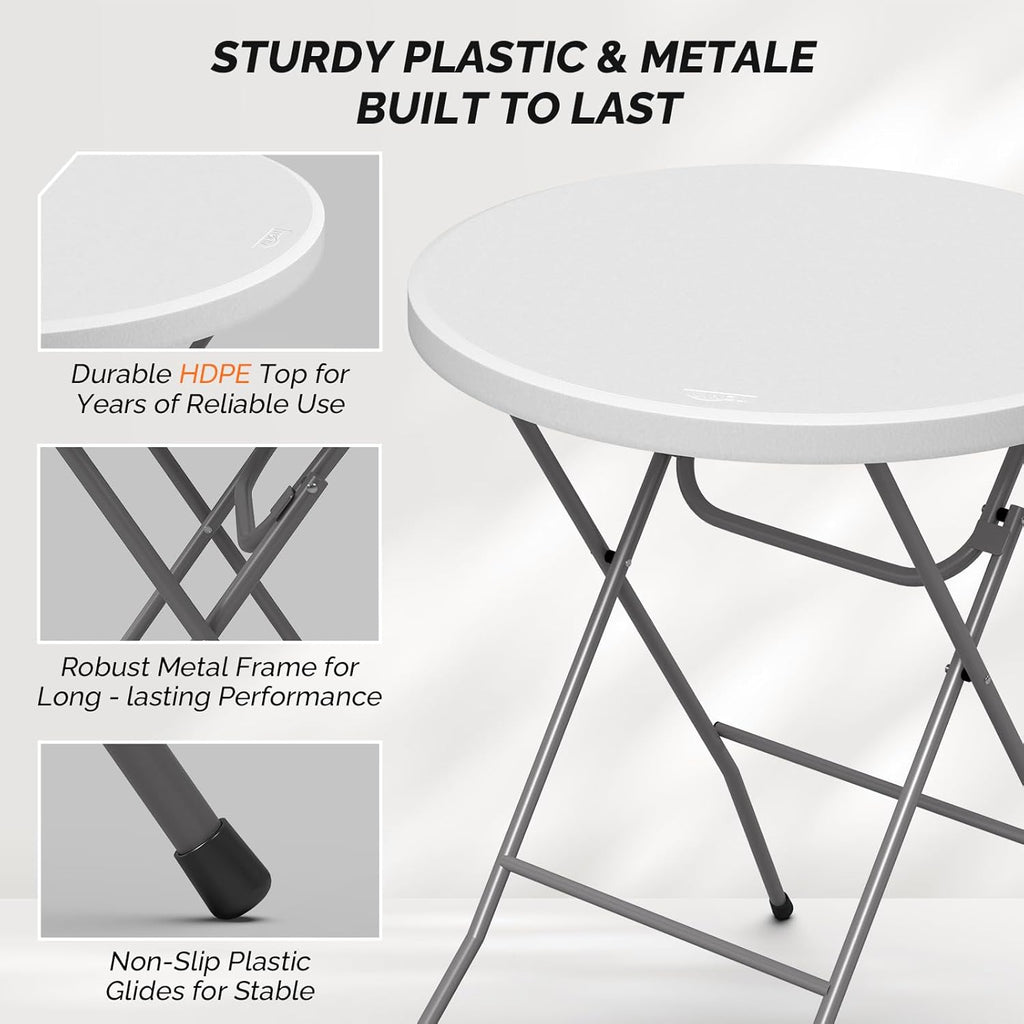 VINGLI 32" Plastic Folding Round Table Bar Height, HDPE Matrial with Gray Metal Finish, High Top Table for Outdoor Party, Cafes, Restaurants, Backyard, Dining Room, Wedding Event,1 Pack, White