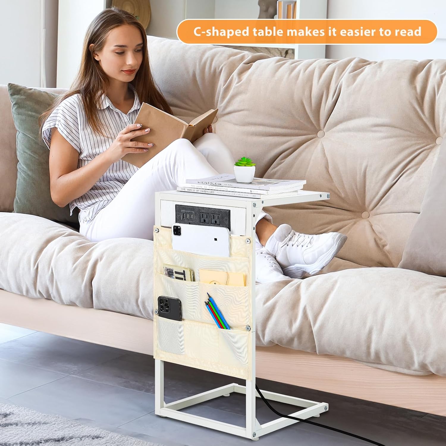 C Shaped End Table Set of 2, TV Tray with Charging Station, USB Ports and Outlets, Slide Under Couch, Storage Bag, for Small Spaces (White)