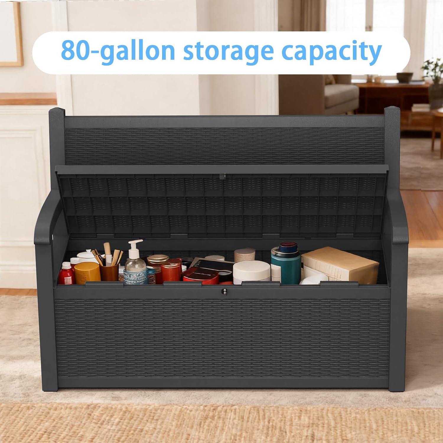 AmaVins 70 Gallon Outdoor Storage Bench Deck Box, Waterproof Lockable with Rattan-Woven Look, Outdoor Storage Furniture for Patio, Garden, Porch (Black)