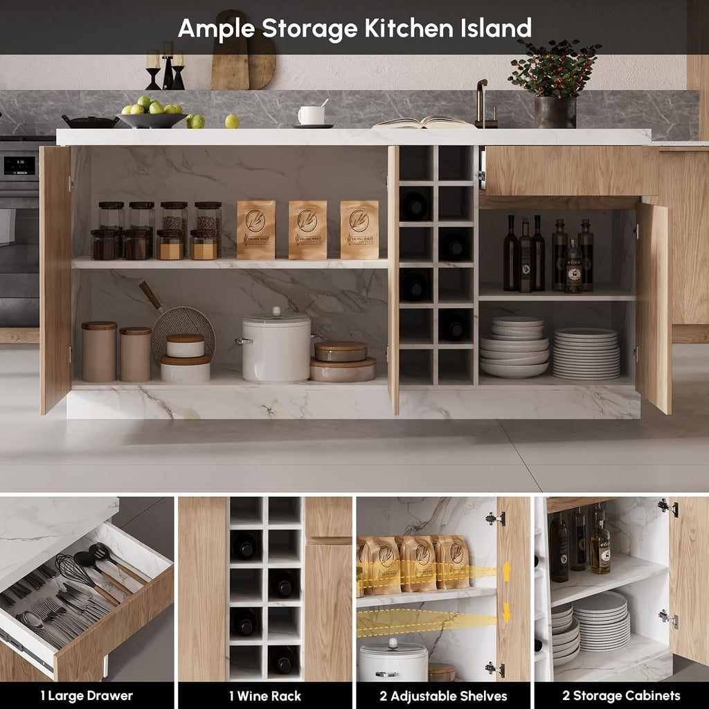 homary Kitchen Island with Storage & LED, 72" White Wood Islands with Wine Rack, Drawers & Shelves, Modern Kitchen Table for Dining Room, Prep & Gatherings, Without Chair