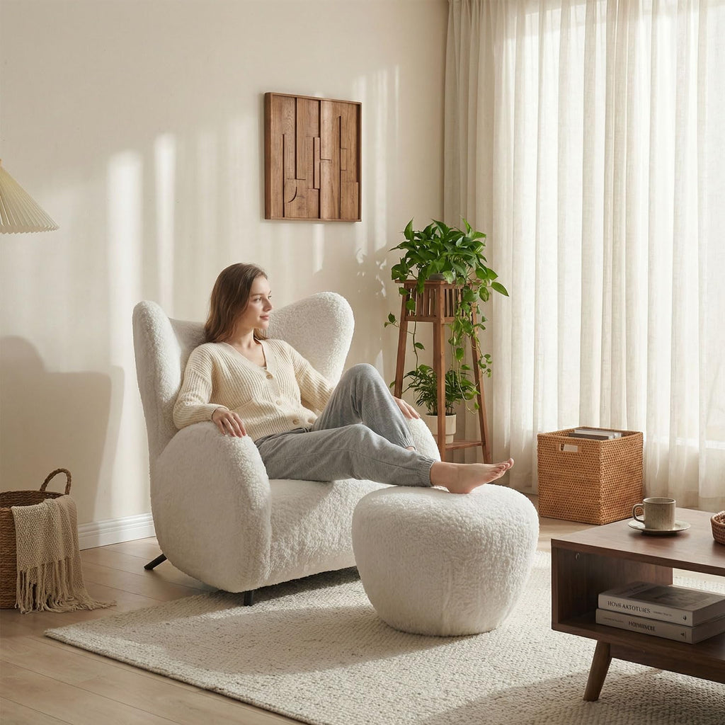 Oversized Modern Boucle Accent Chair with Ottomans, Furry Sherpa Elegant Single Sofa, Wingback Chair Living Room Chairs Comfy Upholstered Armchair for Bedroom Office Apartment Balcony,Cream White
