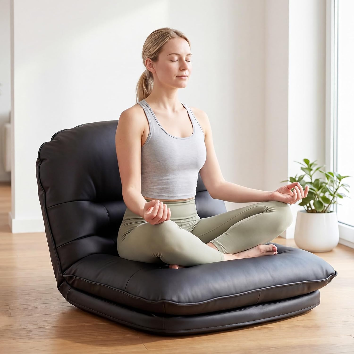 DUMOS Comfy Saucer Chair,PU Leather Foldable Chairs for Bedroom, Living Room, Dorm & Gaming, Small Foldable Fashion Floor Chair with Back Support for Small Spaces Adults,Inky