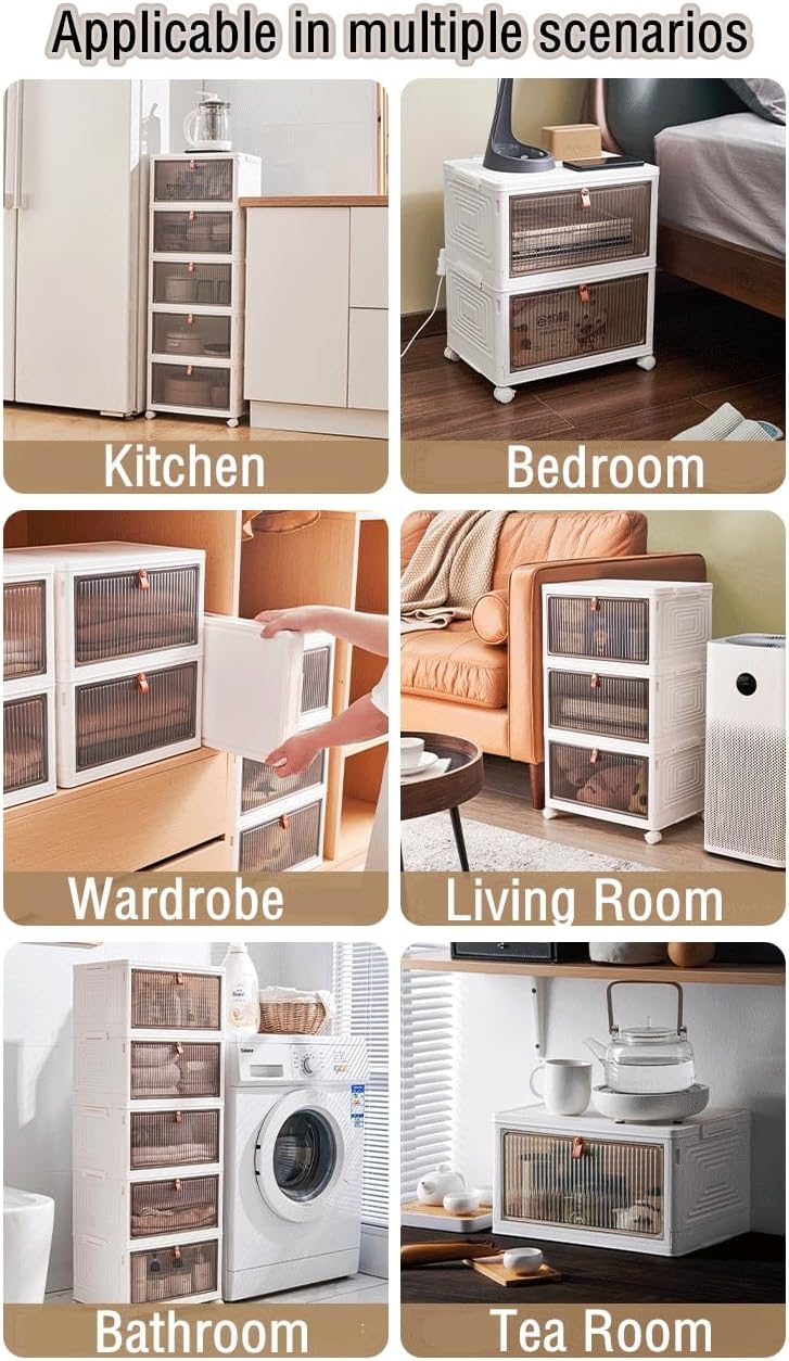 Foldable Storage Bins Boxes with Lid Wheels and Magnetic Door, Collapsible Stackable ABS Organizer for Kitchen Cloakroom Closet Living Room & Office (6 Tier)