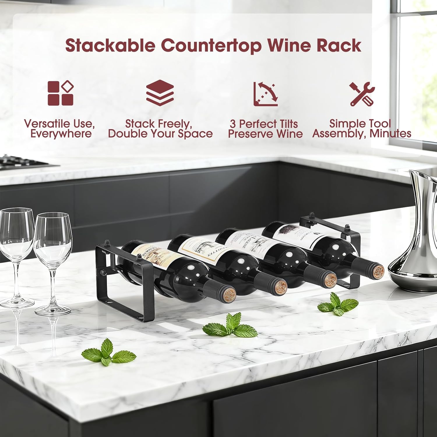 Stackable Wine Rack Countertop, 4 Bottles Wine Bottle Holder for Inside Cabinet, Small Tabletop Wine Holder Stand for Pantry Bar, 1-Tier Angle Adjustable Wine Bottle Rack for Tight Spaces