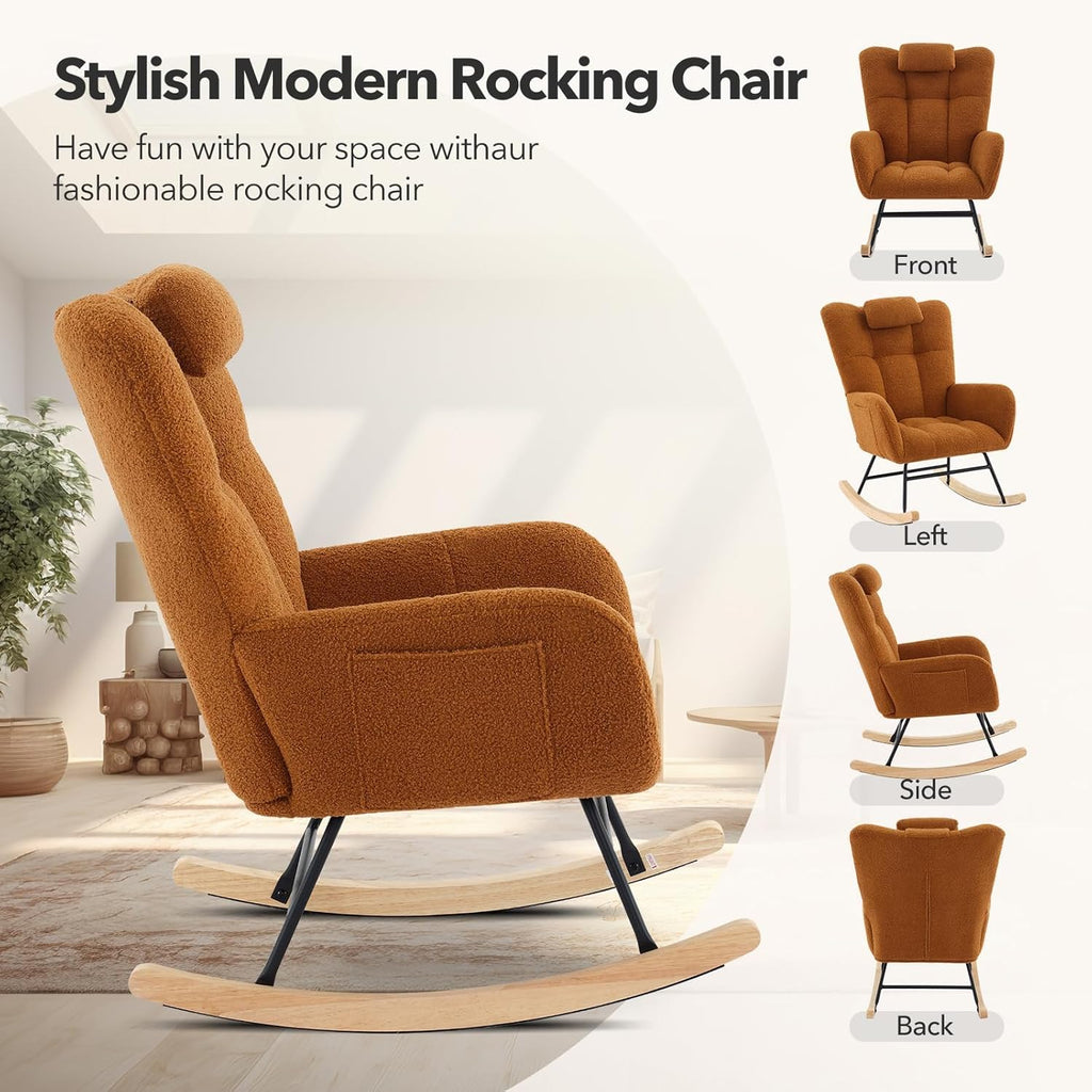 Takywep Teddy Upholstered Nursery Rocking Chair with Wing Backrest, High Back Glider Rocker with Side Pocket, Comfy Accent Armchair for Living Room, Bedroom, Office - Brown