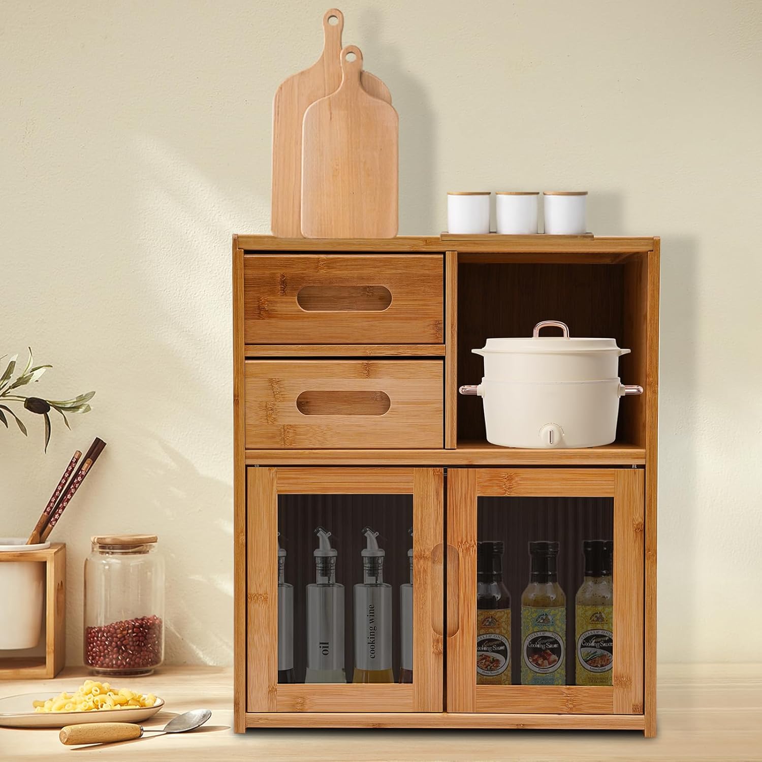 Kitchen Pantry Sideboard, Storage Cabinet with Drawer and Doors, Open Platform Cabinet, Quick Assembly Cupboard Shelf, 16.5in Long, for Dining Room Hallway Living Room Office, Wood Color