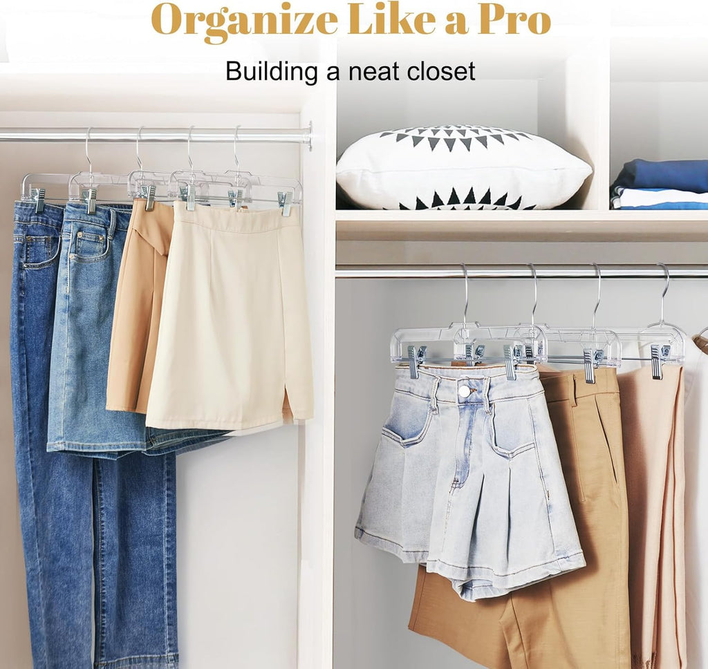 HOUSE DAY 200 Pack Pants Hangers with Adjustable Clips and 360° Swivel Hook, Non-Slip Clear Plastic Skirt Hangers for Pants, Jeans, Skirts, Trousers, Bulk Hangers for Closet Organization