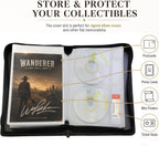 CD DVD Storage Binder, Holds 56 Discs and 28 Booklets with Tag Slots, PU Leather Wallet Organizer for Blu-ray Movies, Music, Video Games, Home and Car