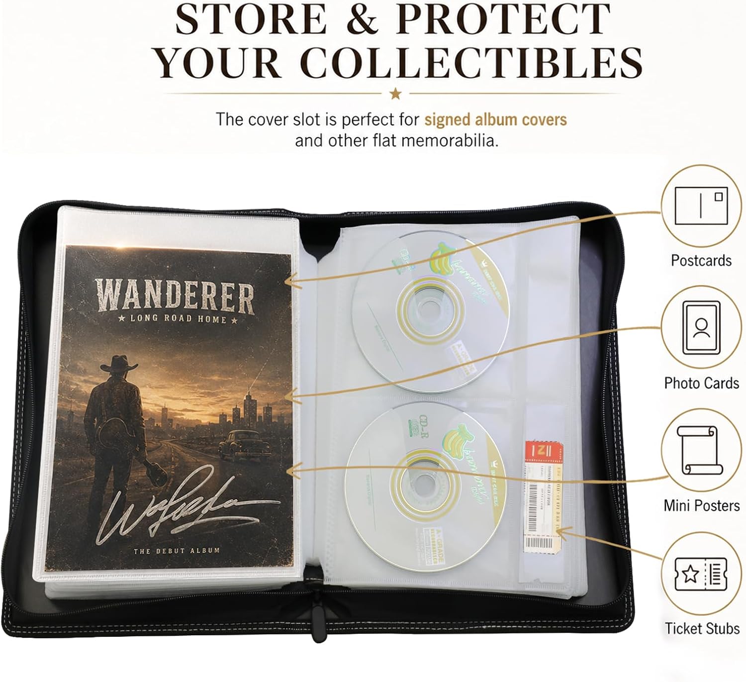 CD DVD Storage Binder, Holds 56 Discs and 28 Booklets with Tag Slots, PU Leather Wallet Organizer for Blu-ray Movies, Music, Video Games, Home and Car