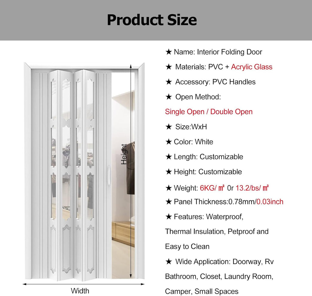 White PVC Folding Door 80 Inch, Accordion Partition for Closet Interior with Hardware & Lock, Plastic Multifold Doors (48x80in)