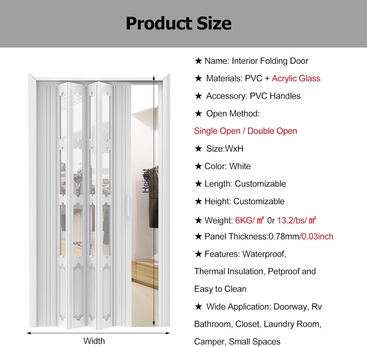 White PVC Folding Door 80 Inch, Accordion Partition for Closet Interior with Hardware & Lock, Plastic Multifold Doors (48x80in)