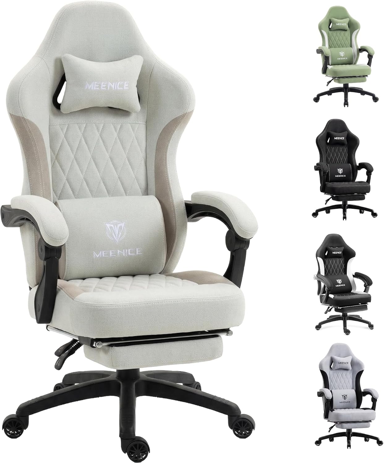 Gaming Chair Fabric with Pocket Spring Custion, Ergonomic High Back Video Game Chair with Footrest Massage Lumbar Support, Height Adjustable Comfy Computer Chair for Adults Game Beige White